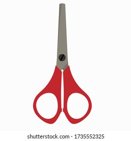 Tijeras con mangos de plástico rojo, cerradas, sobre un fondo blanco. Plantilla de vectores para burlarse. Ilustración del vector