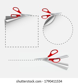 Tijeras con mangos de plástico rojo cortan pegatinas redondas y cuadradas. Cupón publicitario blanco en blanco y en blanco roto de la hoja de papel. Ilustración del vector