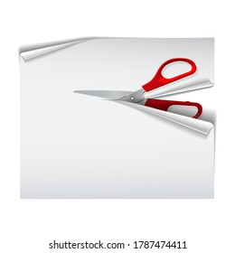 Scissors with red plastic handles cutting white paper sheet isolated on a white background. Vector illustration