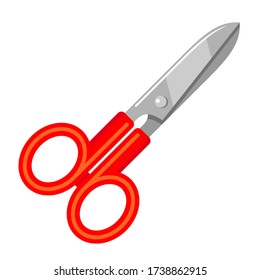 Scissors with red plastic handles icon. Metal shears closed. Hand-operated shearing tool using for cutting hairs, papers, cloths, ropes. Vector flat illustration isolated on white background.