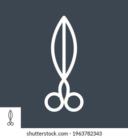 Scissors related vector line icon. Isolated on black background. Vector illustration.