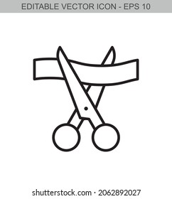 Scissors and ribbon. Editable stroke line icon. Vector illustration.