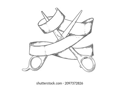 Scissors in the ribbon. Hairdresser shears tool. Vector illustration isolated in white background