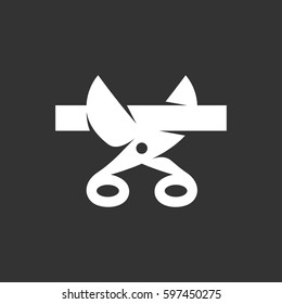 Scissors and ribbon icon illustration isolated on black background sign symbol. Scissors and ribbon vector logo. Presentation vector pictogram for web graphics - stock vector