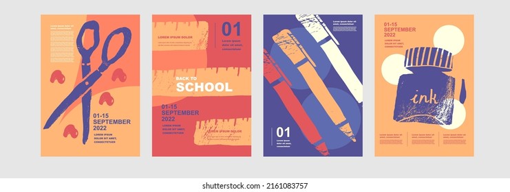 Scissors, ruler, pens, ink. Set of abstract, vector illustrations. Back to School. Elements and objects on school themes, simple background for poster. School backgrounds. - Shutterstock ID 2161083757