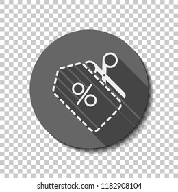 Scissors and Sale label. Simple icon. flat icon, long shadow, circle, transparent grid. Badge or sticker style
