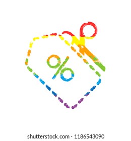 Scissors and Sale label. Simple icon. Drawing sign with LGBT style, seven colors of rainbow (red, orange, yellow, green, blue, indigo, violet