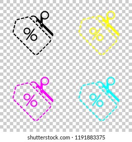 Scissors and Sale label. Simple icon. Colored set of cmyk icons on transparent background