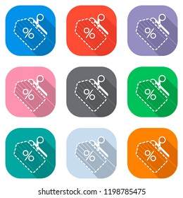 Scissors and Sale label. Simple icon. Set of white icons on colored squares for applications. Seamless and pattern for poster