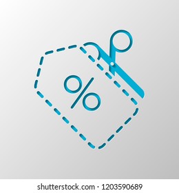 Scissors and Sale label. Simple icon. Paper design. Cutted symbol with shadow