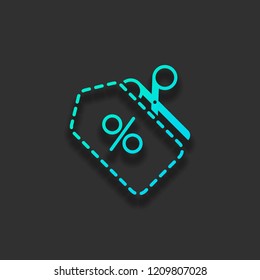 Scissors and Sale label. Simple icon. Colorful logo concept with soft shadow on dark background. Icon color of azure ocean