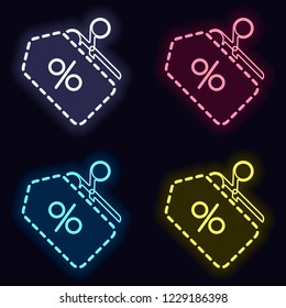 Scissors and Sale label. Simple icon. Set of neon sign. Casino style on dark background.