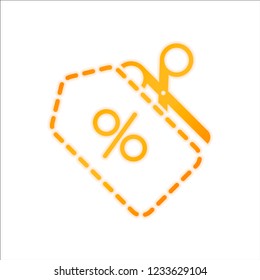 Scissors and Sale label. Simple icon. Orange sign with low light on white background