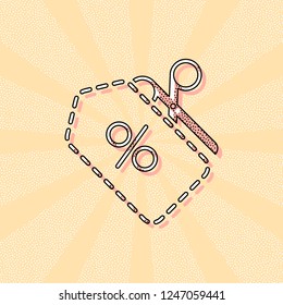 Scissors and Sale label. Simple icon. Vintage retro typography with offset printing effect. Dots poster with comics pop art background