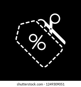 Scissors and Sale label. Simple icon. White icon on black background. Inversion