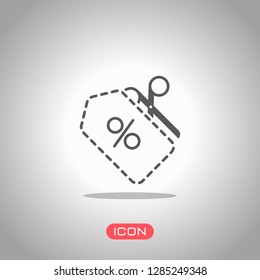 Scissors and Sale label. Simple icon. Icon under spotlight. Gray background
