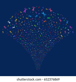 Scissors salute stream. Vector illustration style is flat bright multicolored iconic symbols on a blue background. Object source fountain constructed from random design elements.