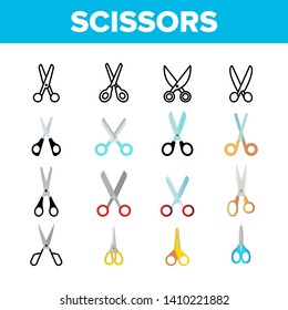 Scissors, School Stationery Vector Color Icons Set. Scissors With Plastic Handles Linear Symbols Pack. Office Supplies. Hairdresser Equipment, Gardening Tool Isolated Flat Illustrations