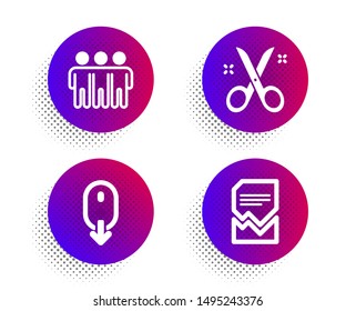 Scissors, Scroll down and Friendship icons simple set. Halftone dots button. Corrupted file sign. Cutting tool, Mouse swipe, Trust friends. Damaged document. Business set. Vector
