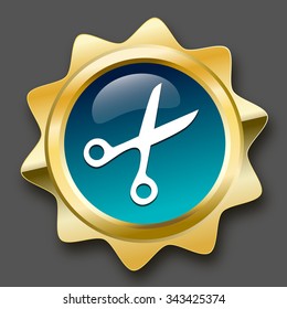 Scissors seal or icon. Glossy golden seal or button.