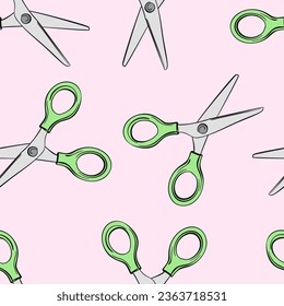 Scissors seamless background, Simple hand drawn illustration of children's green scissors on pink backdrop, Repeating pattern