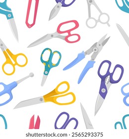 Scissors seamless pattern. Flat scissor with plastic grips. Steel cutting tools for workshop, cut paper, carton. Fabric print design, neoteric vector background