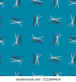 Scissors seamless pattern. Retro salon background . Repeated texture in doodle style for fabric, wrapping paper, wallpaper, tissue. Vector illustration.