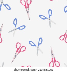 Scissors seamless pattern. School supplies. Perfect for hobbies, needlework, study and crafts. Sewing background and cloth design. Vector hand draw cartoon illustration.