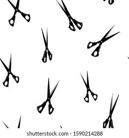 Scissors. Seamless pattern. Trendy apparel design. Fashion white background with black scissors. T-shirt print. Hand drawn design elements. Decorative repeatable textile.