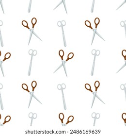 Scissors seamless pattern. Vector cartoon illustration. Hand drawn retro silver scissors. Flat elements on white background. Barber shop or tailor theme. Paper cutting, haircut concept, fabric cutting