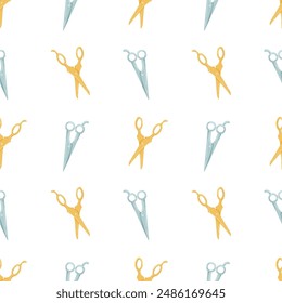 Scissors seamless pattern. Vector cartoon illustration. Hand drawn retro gold and blue scissors. Flat elements on white background. Barber shop or tailor theme. Paper cutting, haircut concept, fabric 