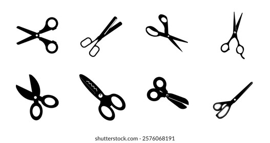 Scissors set, black silhouette of scissors, scissors for cutting lines