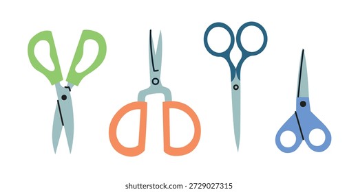 Juego de tijeras con mangos de colores en diferentes Formas para el hobby. Ilustración vectorial plana de la historieta para los proyectos del arte, costura, útiles escolares, materiales educativos, talleres, iconos amistosos creativos