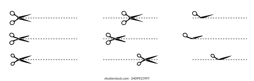Scissors set. Scissors with cut line vector illustration collection.  Collection scissors black on white background. Vector illustration