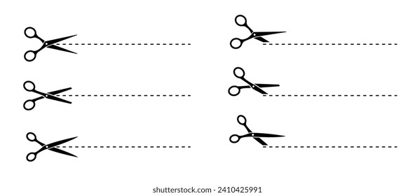 Scissors set. Scissors with cut line vector illustration collection.  Collection scissors black on white background. Vector illustration