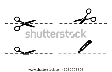 Scissors. Set of scissors and stationery knife with cut lines