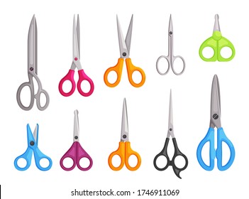 Scissors set. Universal hairdressers blue kitchen for cutting stationery long short orange surgical articulated sewing edges manicure green. Color vector flat.