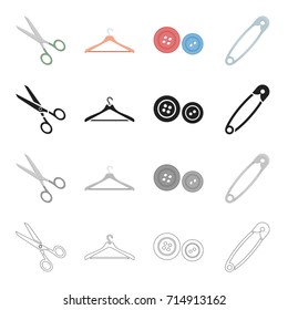 Scissors for sewing, hanger, equipment, button, pin. Sewing and equipment set collection icons in cartoon black monochrome outline style vector symbol stock illustration web.