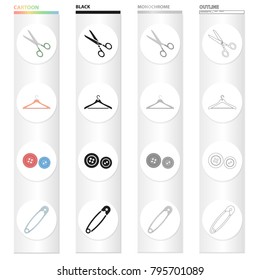 Scissors for sewing, hanger, equipment, button, pin. Sewing and equipment set collection icons in cartoon black monochrome outline style vector symbol stock illustration web.