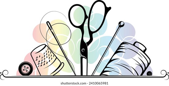 Scissors, sewing needle and thread frame. Design for sewing and cutting