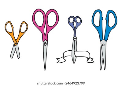 Scissors, sewing workshop, tools, blade, cutting, clothing atelier, four, vector drawing, isolated on white