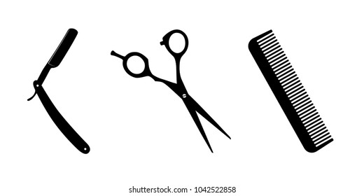 Scissors, shaving knife, comb on white. Hair salon icons. Barbershop symbol