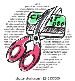 Scissors shearing a credit card, with text. Fine for articles, financial institutions and services promo materials.