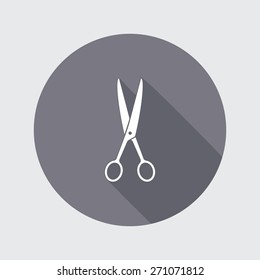 Scissors, shears icon. Tool for cutting. Haircut, sewing, fix symbol. Round gray button with long shadow. Vector