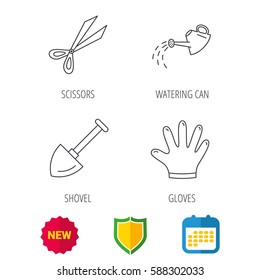 Scissors, shovel and gloves icons. Watering can linear sign. Shield protection, calendar and new tag web icons. Vector