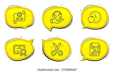 Scissors sign. Diploma certificate, save planet chat bubbles. Cogwheel blueprint, Report document and Update time line icons set. Edit settings, Growth chart, Refresh clock. Cutting tool. Vector