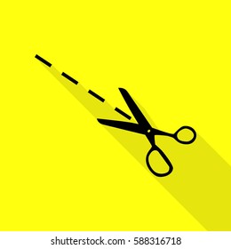Scissors sign illustration. Black icon with flat style shadow path on yellow background.
