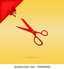 Scissors sign illustration. Christmas design red icon on gold background.