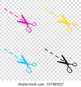 Scissors sign illustration. CMYK icons on transparent background. Cyan, magenta, yellow, key, black.