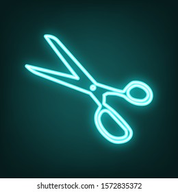 Scissors sign illustration. Cyan neon icon in the dark. Bluring. Luminescence. Illustration.